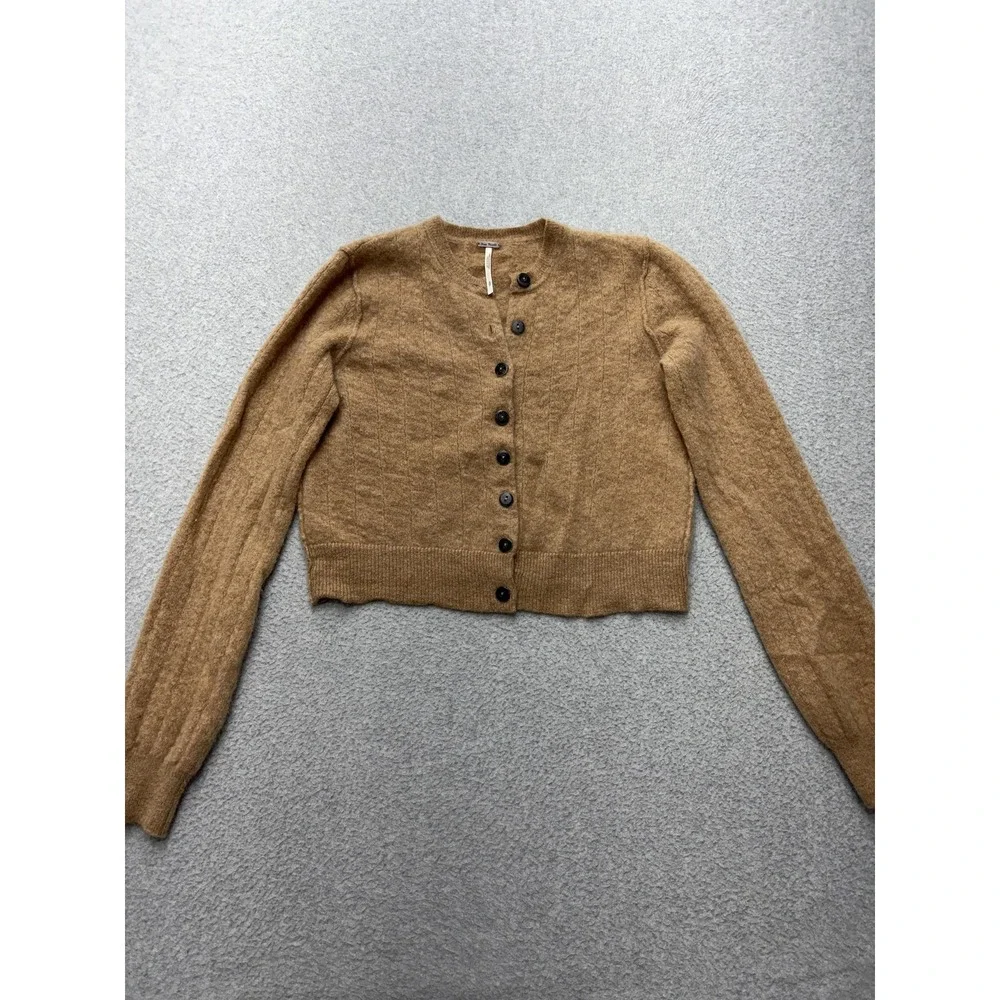 Free People Cardigan Sweater Womens S Brown 100% Cashmere Crew Neck Button Front